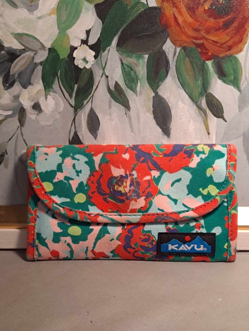 Kavu Big Spender Painted Floral Cotton Canvas Trifold Wallet Green Orange Pink